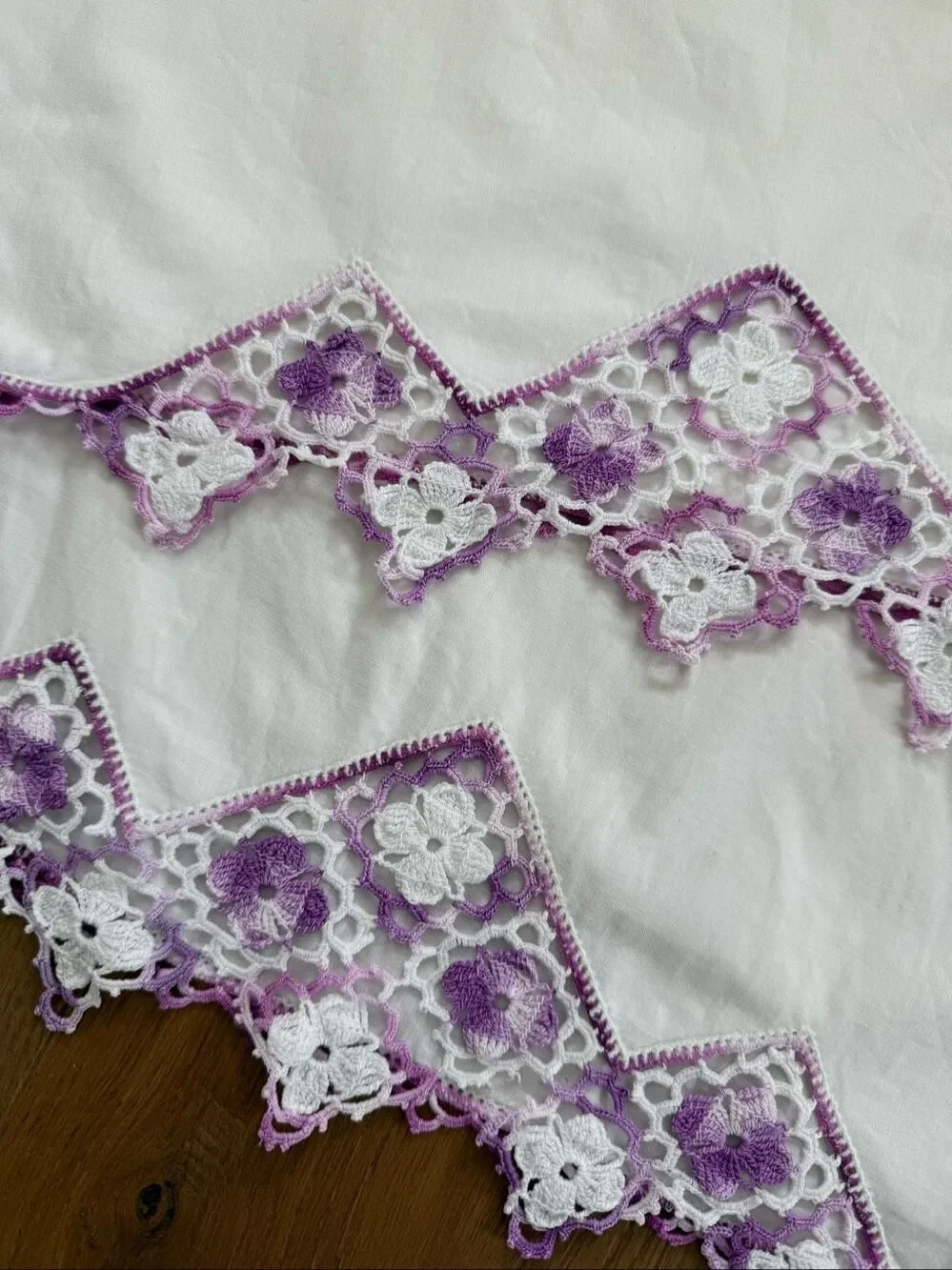 2 Vintage Queen Size Pillowcases Purple Crochet Lace Detail 34” x 20”